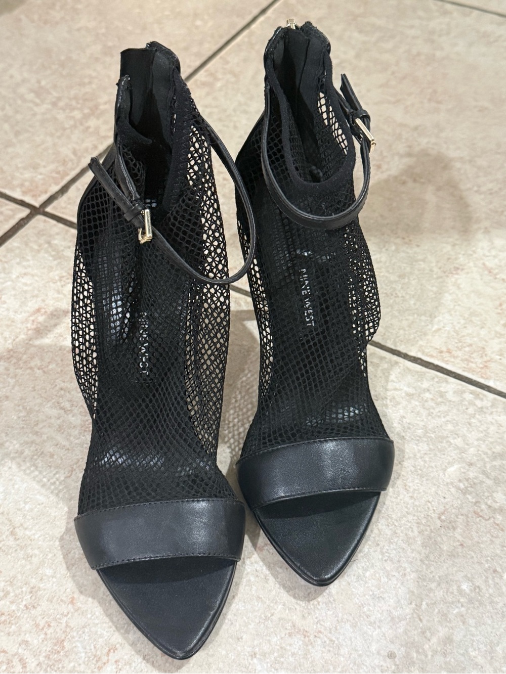 Nine West Black Mesh Ankle Strap Stiletto Heels Size 6 Worn Once